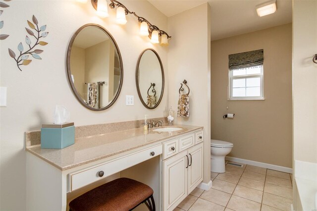 bathroom featuring visible vents, tile patterned floors, baseboards, vanity, and toilet