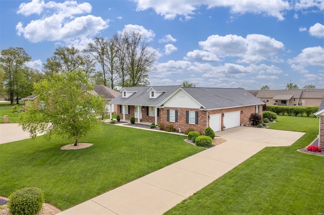 cape cod house with brick siding, a garage, a front yard, and concrete driveway