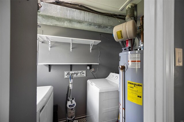 laundry room with water heater, laundry area, and washer and clothes dryer