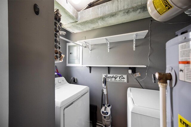 laundry room with laundry area, electric panel, water heater, and washer and dryer