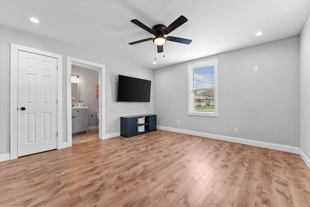 unfurnished living room with recessed lighting, baseboards, ceiling fan, and light wood-type flooring