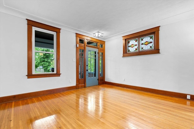 spare room with plenty of natural light, baseboards, and hardwood / wood-style floors