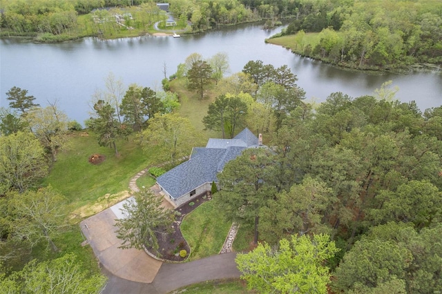 aerial view with a water view and a view of trees