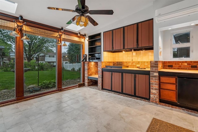 kitchen featuring a ceiling fan, backsplash, and a wall unit AC
