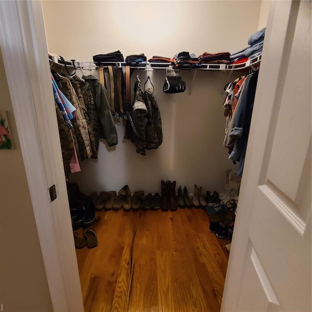 walk in closet with wood finished floors
