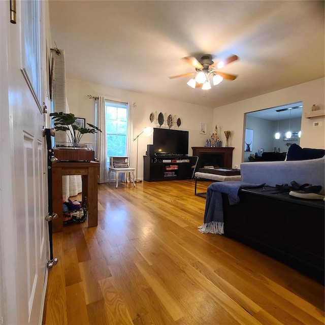 bedroom with a ceiling fan and light wood-style floors