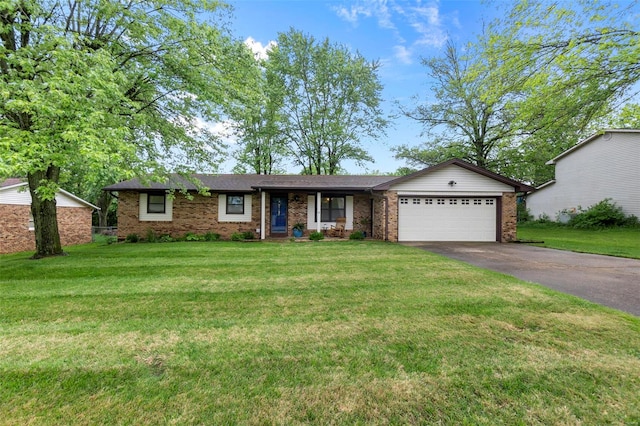 ranch-style house featuring an attached garage, driveway, a front lawn, and brick siding