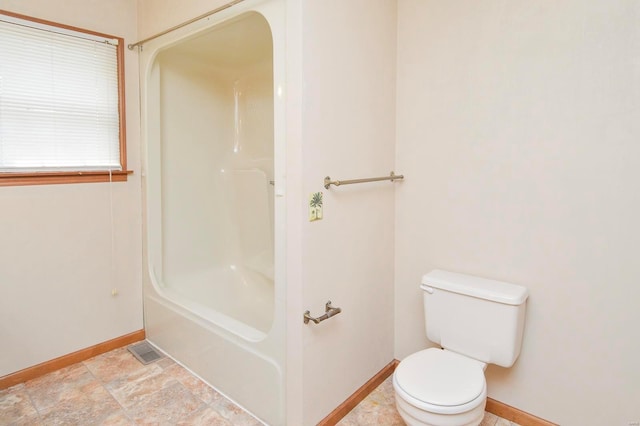 full bathroom with toilet, baseboards, and visible vents