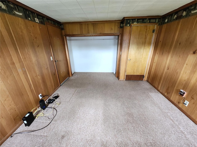 interior space with carpet floors and wood walls