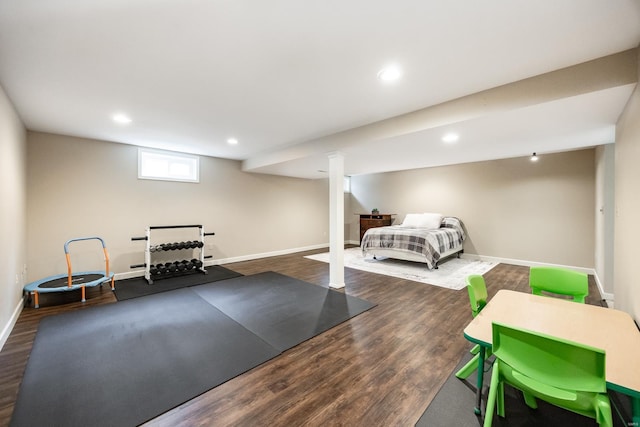 bedroom featuring recessed lighting, baseboards, and dark wood-style floors