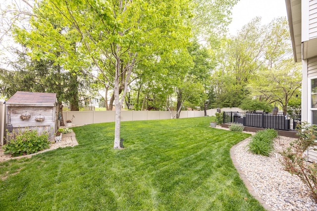 view of yard with a storage unit, a fenced backyard, and an outdoor structure