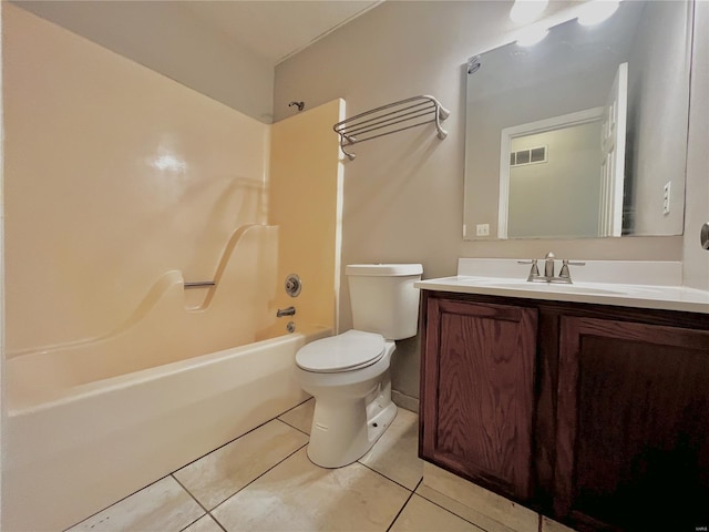 full bath with visible vents, tile patterned floors, vanity, toilet, and shower / bathtub combination