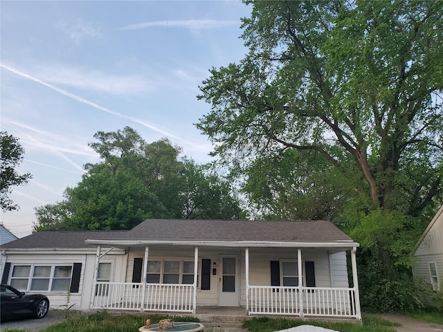 single story home with roof with shingles and covered porch