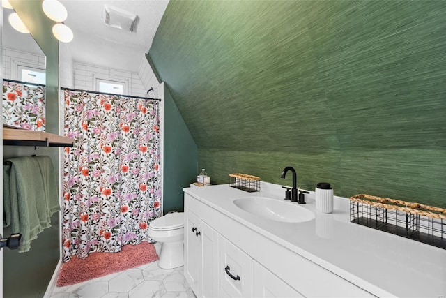 bathroom featuring visible vents, vanity, marble finish floor, toilet, and a shower with shower curtain