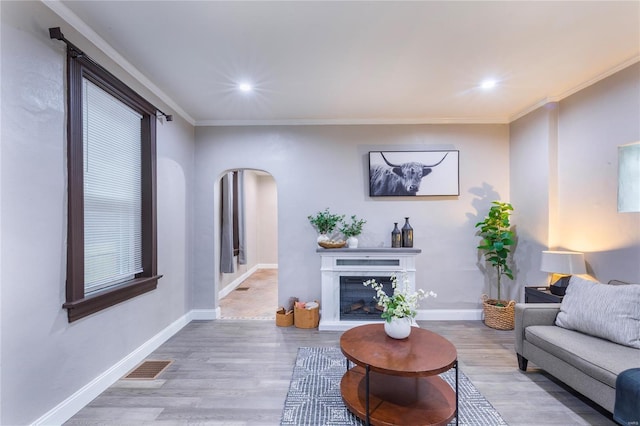 living area featuring visible vents, crown molding, arched walkways, wood finished floors, and a glass covered fireplace