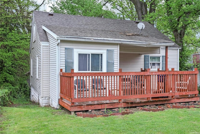 back of house with a yard, a deck, and roof with shingles