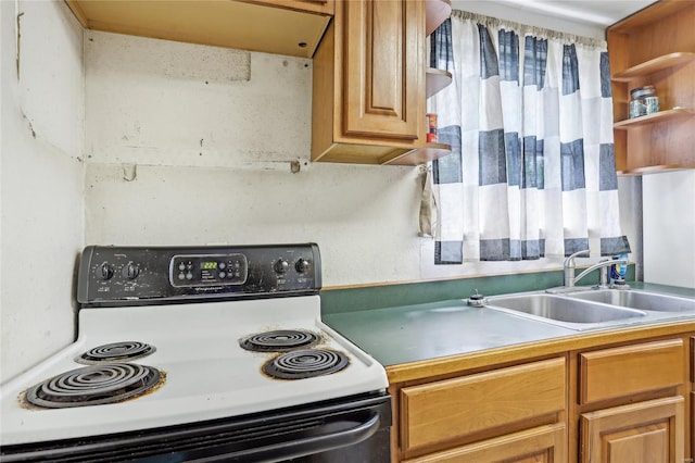 kitchen featuring a sink, open shelves, electric range oven, and brown cabinets