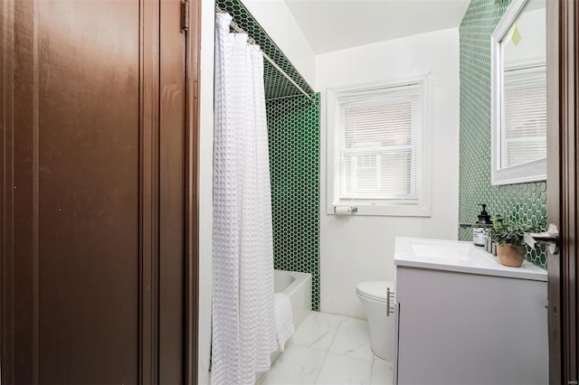 full bath featuring vanity, shower / bathtub combination with curtain, toilet, and marble finish floor