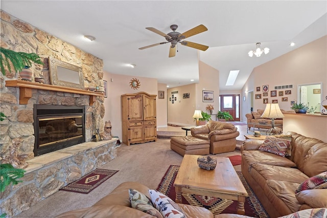 living area with ceiling fan, a stone fireplace, baseboards, lofted ceiling, and light carpet