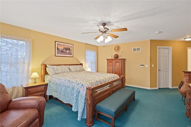 bedroom with baseboards, a ceiling fan, dark carpet, and visible vents