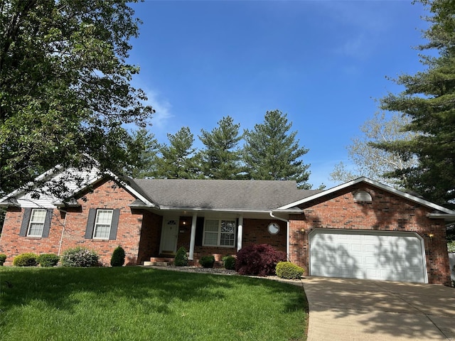 ranch-style home featuring concrete driveway, brick siding, a front lawn, and a garage