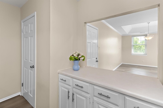 interior space featuring dark wood finished floors, light countertops, baseboards, white cabinets, and ornamental molding