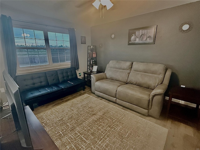 living room featuring a ceiling fan and wood finished floors