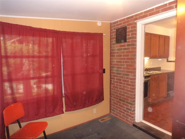 spare room featuring a sink, carpet floors, and visible vents