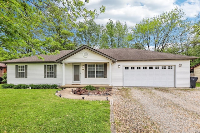 ranch-style house featuring a garage, dirt driveway, covered porch, and a front yard