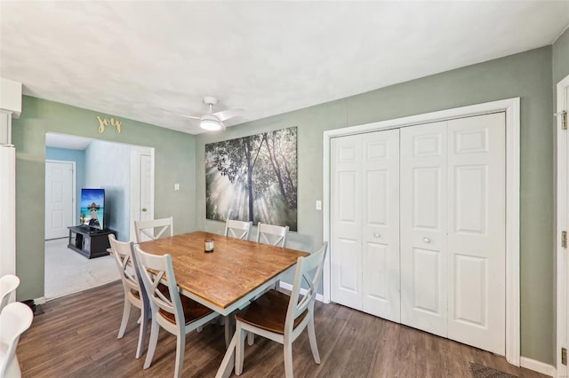 dining area featuring baseboards, ceiling fan, and dark wood-style floors