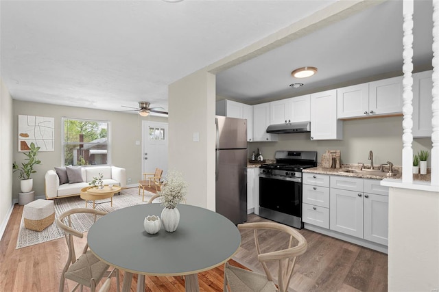 kitchen with appliances with stainless steel finishes, a sink, white cabinetry, a ceiling fan, and under cabinet range hood