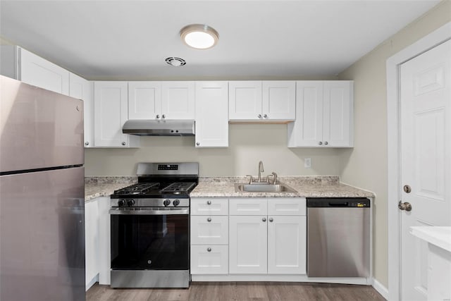 kitchen with wood finished floors, a sink, under cabinet range hood, and stainless steel appliances
