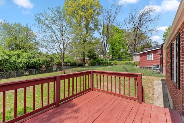 wooden deck with a lawn and a fenced backyard