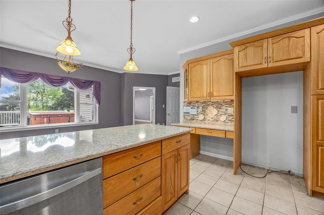 kitchen with hanging light fixtures, light stone counters, dishwasher, light tile patterned floors, and backsplash