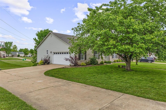 view of property hidden behind natural elements with a front yard, an attached garage, and driveway