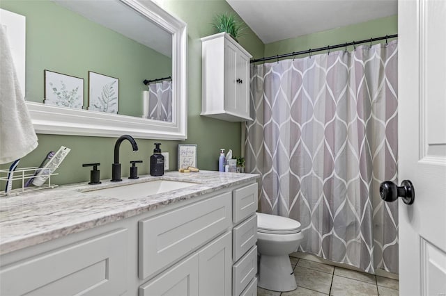 full bathroom with toilet, tile patterned flooring, vanity, and curtained shower