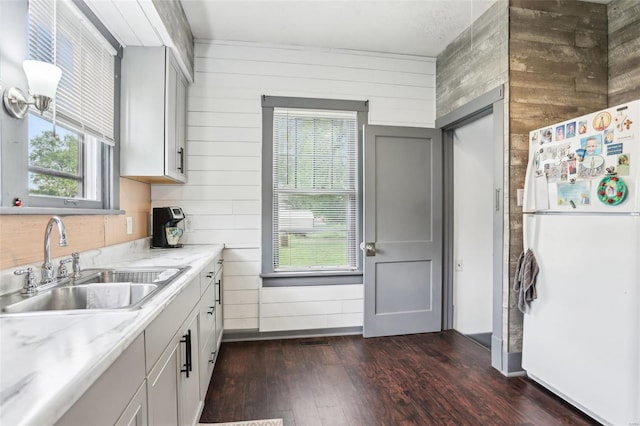 kitchen featuring freestanding refrigerator, a sink, dark wood finished floors, and a wealth of natural light