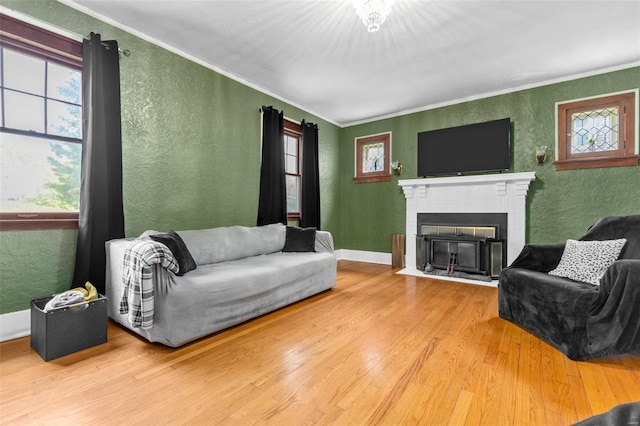 living room featuring a textured wall, ornamental molding, and wood finished floors