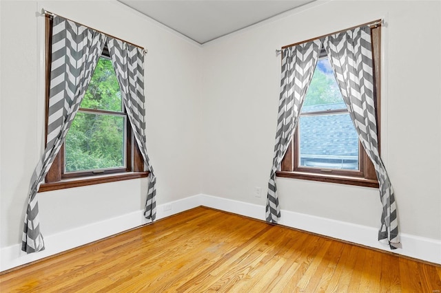 spare room featuring baseboards, plenty of natural light, wood finished floors, and ornamental molding