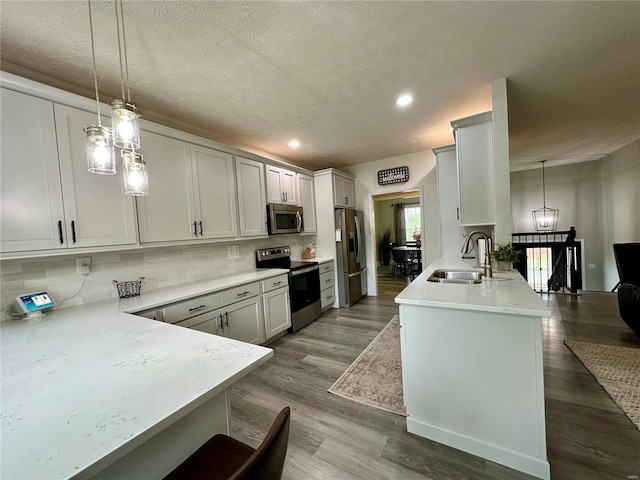 kitchen with recessed lighting, a sink, backsplash, appliances with stainless steel finishes, and dark wood-style floors