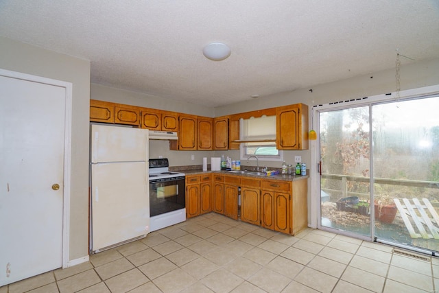 kitchen featuring a sink, brown cabinetry, freestanding refrigerator, under cabinet range hood, and electric stove