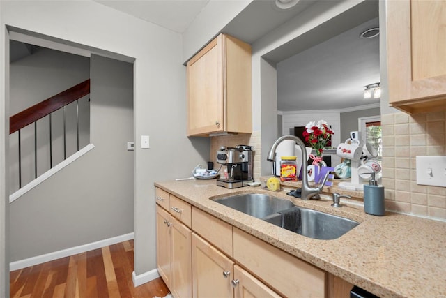 kitchen with a sink, light brown cabinetry, tasteful backsplash, and wood finished floors