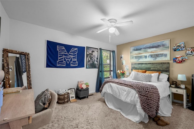 bedroom featuring carpet floors, baseboards, and ceiling fan