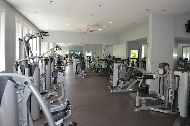 exercise room featuring recessed lighting and a ceiling fan