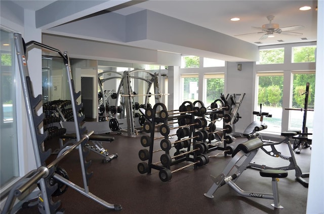 workout area featuring recessed lighting and ceiling fan