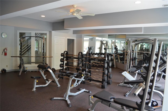 exercise room featuring ceiling fan, recessed lighting, and visible vents