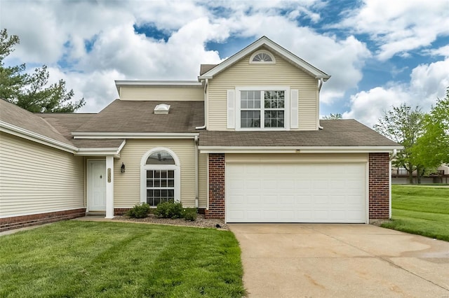 traditional-style house featuring brick siding, driveway, a shingled roof, and a front lawn