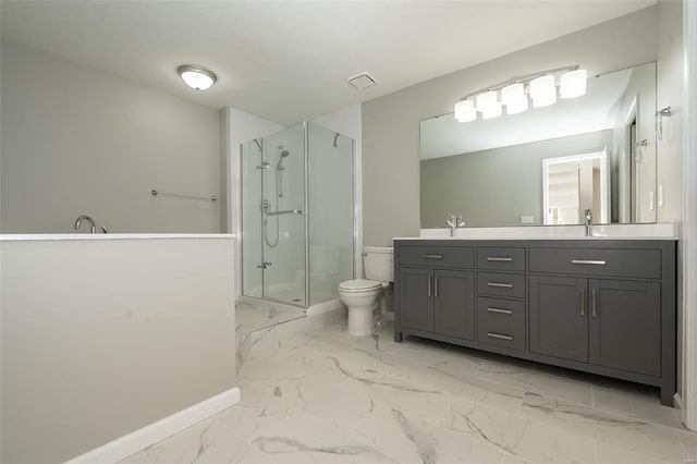 bathroom with double vanity, a shower stall, a sink, toilet, and marble finish floor