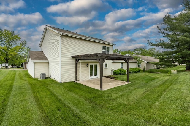 rear view of property with a patio, a lawn, central AC, and a pergola