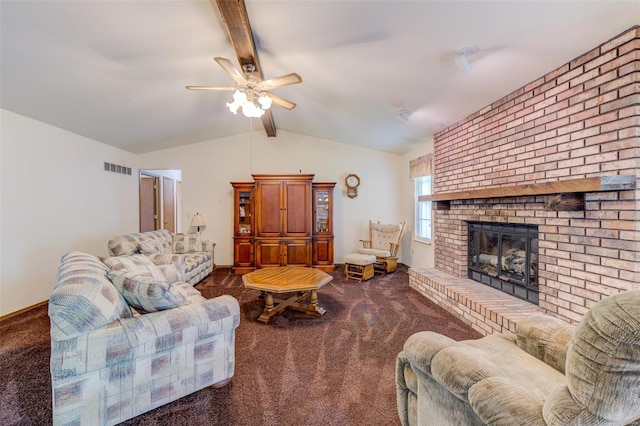 living room featuring a ceiling fan, carpet flooring, a brick fireplace, and lofted ceiling with beams